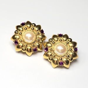 Vintage Trifari Gold, Purple Rhinestone and Faux Pearl Earrings